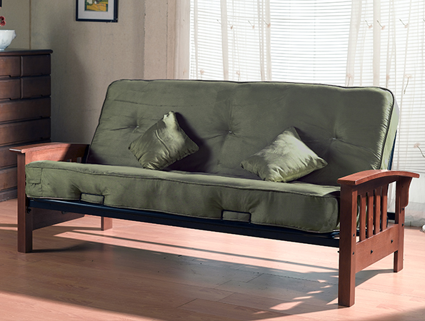 Full size futon with wooden arms and metal body 